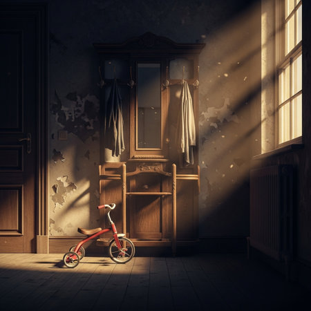 Vintage room with red bicycle and old wardrobe, 3d renderの素材