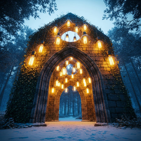 Gothic arch in the forest at night. Winter landscape.の素材