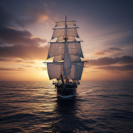 Sailing boat in the sea at sunset. 3d illustration.の素材