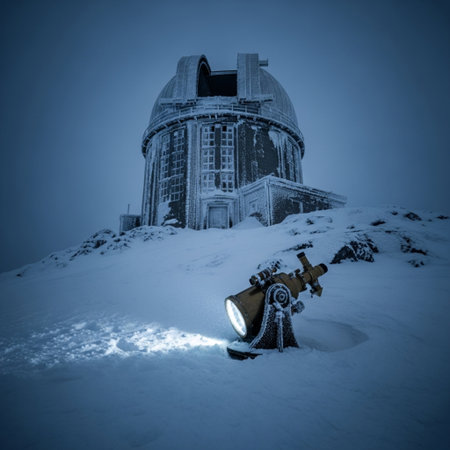 Astronomical observatory in the winter mountains, Caucasus, Russiaの素材