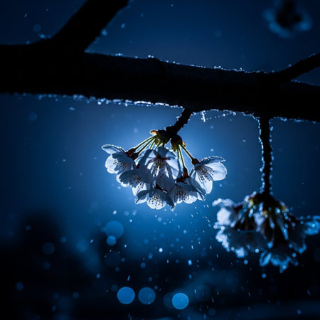 cherry blossom in winter with water drops on dark blue backgroundの素材