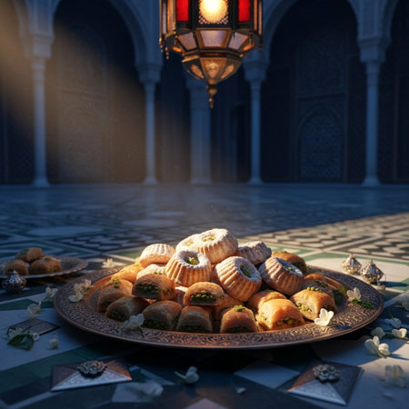 Traditional turkish dessert baklava with cashew, walnuts. Ramadan Kareem backgroundの素材