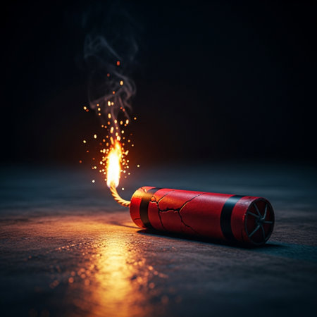 Burning dynamite on a dark background. 3d rendering.の素材