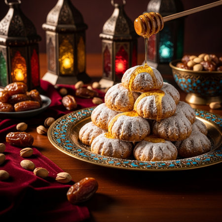 Ramadan Kareem concept. Ramadan kareem cookies with dates and honeyの素材