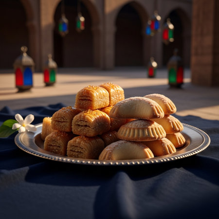 Traditional moroccan cookies on a plate in front of a mosqueの素材