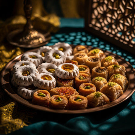 Traditional oriental sweets baklava on a plate. Selective focus.の素材