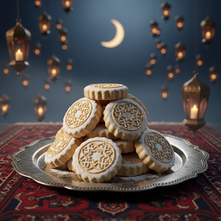 Ramadan Kareem greeting card with moon and Ramadan Kareem cookiesの素材