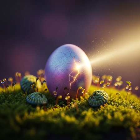 Easter egg on green moss with bokeh background, 3d illustrationの素材