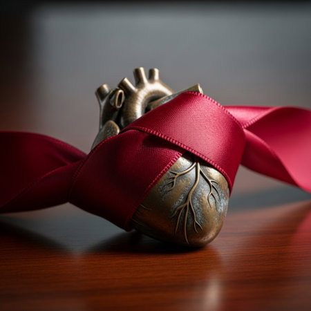 Bronze heart with a red ribbon on a wooden table, close upの素材