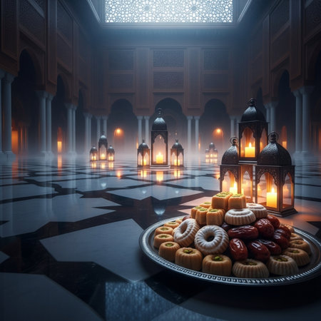 3D rendering of a ramadan kareem background with lanternsの素材