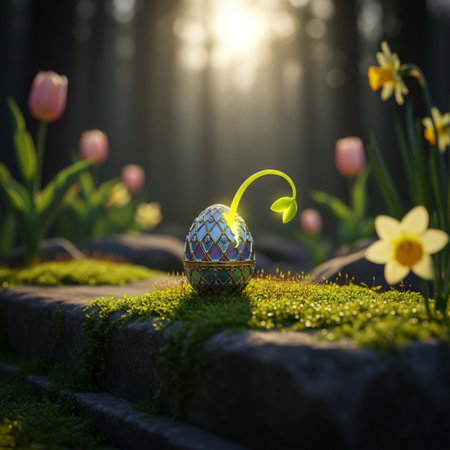 Easter egg with green sprout growing out of moss and tulipsの素材