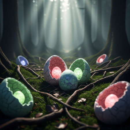 Easter eggs in the forest. Happy Easter card. 3D Renderingの素材