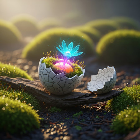 Easter egg with a blue flower in the middle on moss backgroundの素材