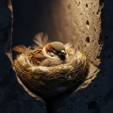 Close-up of a sparrow in a nest on a stone backgroundの素材