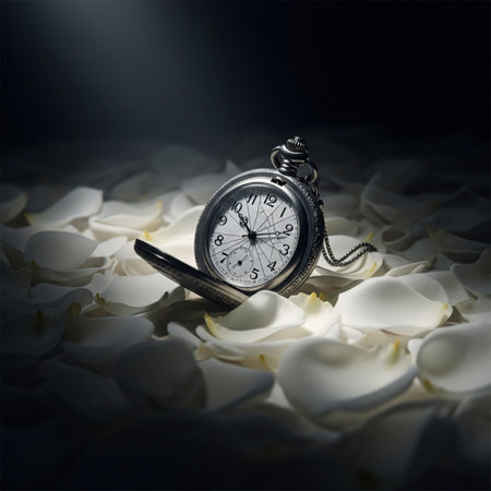 Vintage pocket watch on white rose petals. Selective focus.の素材