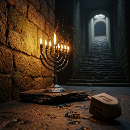 Image of jewish holiday Hanukkah background with menorah (traditional candelabra) and burning candlesの素材