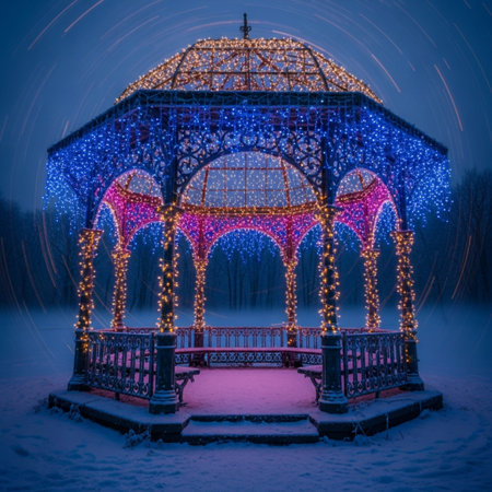 Gazebo in the winter park decorated with colorful lights.の素材