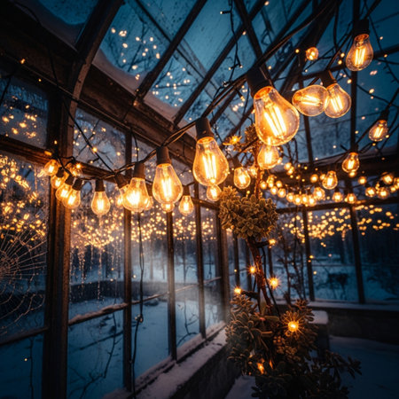 Vintage light bulbs decorating a window in a winter forest.の素材