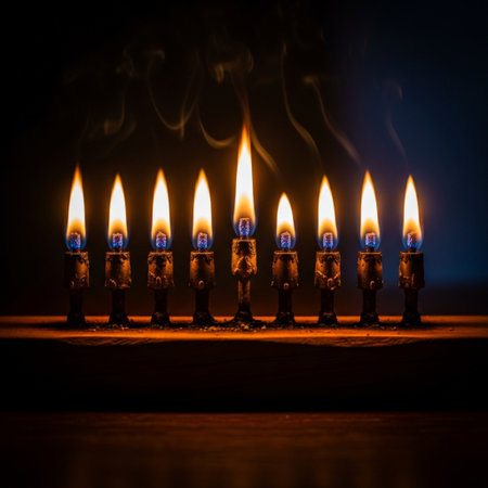 Image of jewish holiday Hanukkah background with menorah (traditional candelabra) and candlesの素材