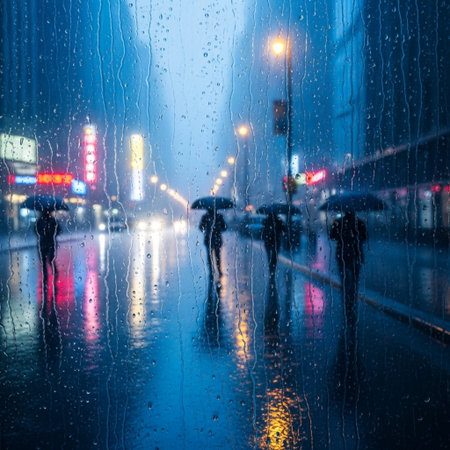 Rainy day in the city. People are walking in the rain.の素材