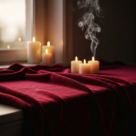 Burning candles on window sill in room, closeup. Space for textの素材