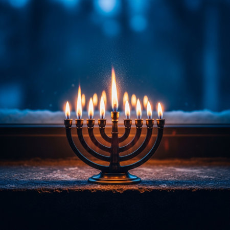 Jewish holiday Hanukkah background with menorah (traditional candelabra) and burning candles on dark background.の素材