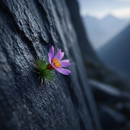 Beautiful purple crocus flower growing on a rock in the mountainsの素材