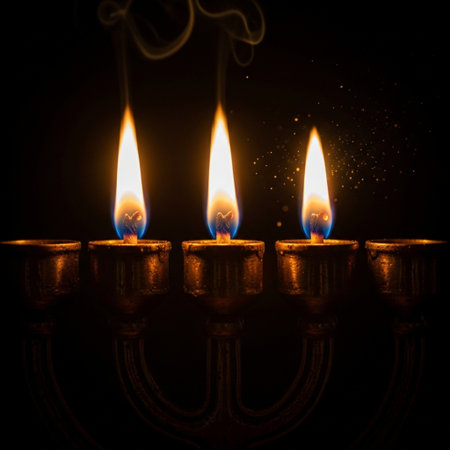 image of jewish holiday Hanukkah background with menorah (traditional candelabra) and candlesの素材