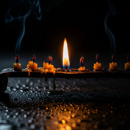 Burning candles on a black background with smoke. Selective focus.の素材