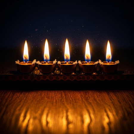 Indian Festival Diwali, Diwali oil lamp on wooden backgroundの素材