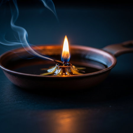 Burning candle in clay pot on dark background. Shallow depth of field.の素材