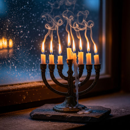 Hanukkah menorah (traditional candelabra) with burning candles on the background of the night city.の素材