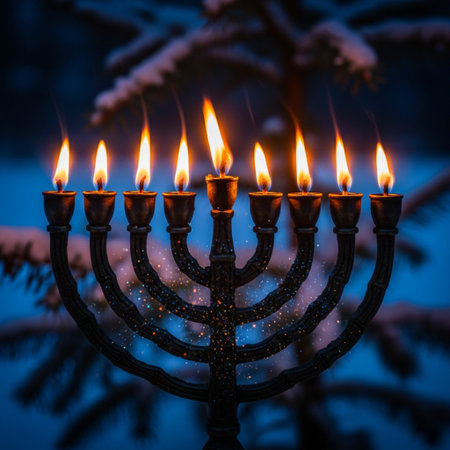 Hanukkah menorah with burning candles in the night forestの素材