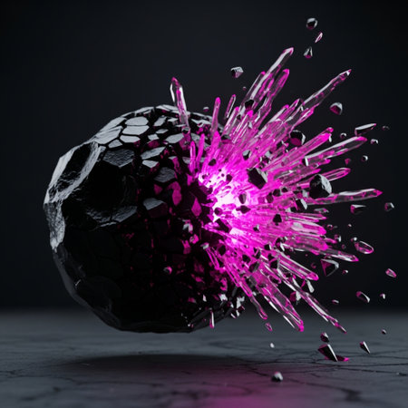 3d illustration of black crystal ball with pink paint splashes on black backgroundの素材