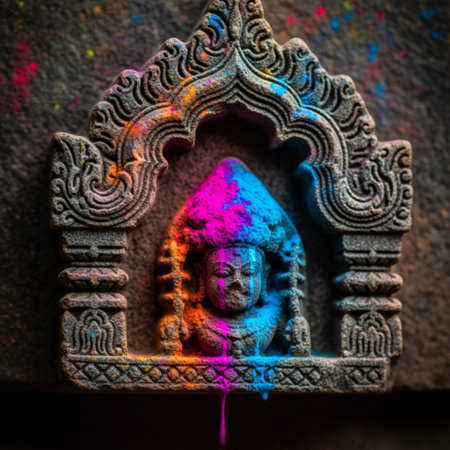 Buddha statue in Hindu temple, close up. Colorful backgroundの素材