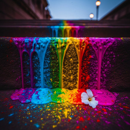 Rainbow paint on the wall of the building. Selective focus.の素材