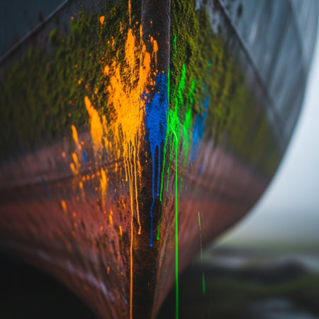 A closeup shot of a ship covered with multicolored paintの素材