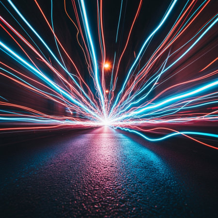 abstract light trails on the road at night, long exposure.の素材