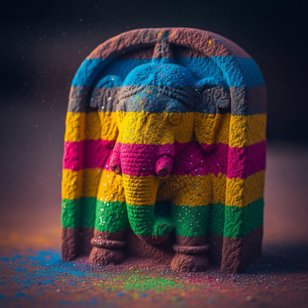 Colorful holi powder in the form of an elephant on a dark backgroundの素材