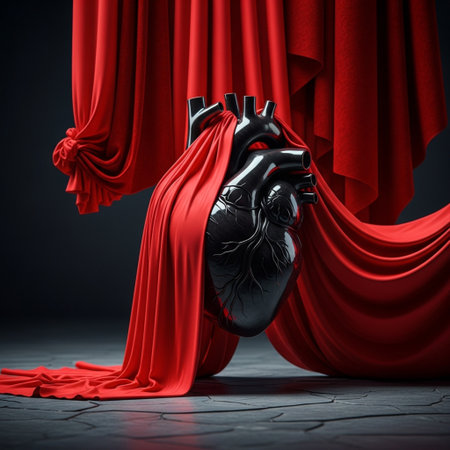 Human heart with red curtain on dark background. 3d illustration.の素材