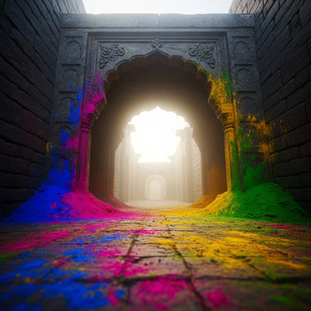 Colorful holi powder explosion over entrance to ancient city gate.の素材