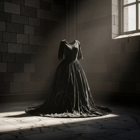 Wedding dress in a dark room with light coming through the windowの素材