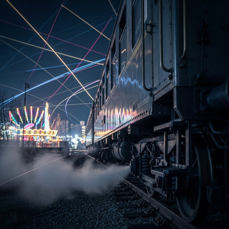 Train on the background of the night city and the sky with clouds.の素材
