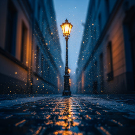 Street lamp in the old town of Prague at night, Czech Republicの素材