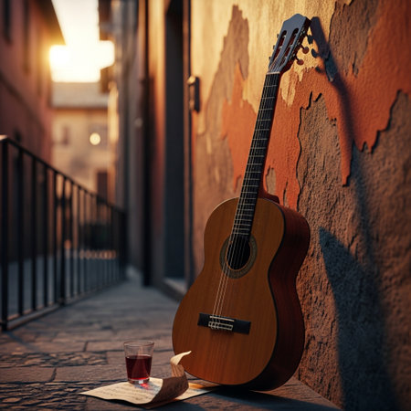 Musical still life with a guitar and a glass of wine on the streetの素材