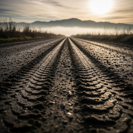 Tire tracks on a dirt road in the mountains at sunset.の素材