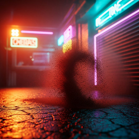 Dangerous dark street at night with neon lights. 3D renderingの素材