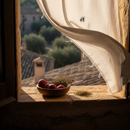 Bowl of red apples on a window sill in Tuscany, Italyの素材