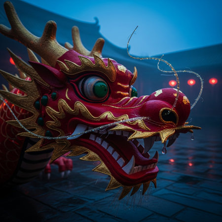 Chinese dragon statue in the temple at night. Chinese New Year concept.の素材