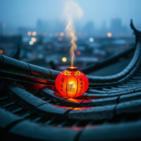 Chinese lanterns on the roof of a Chinese temple in the nightの素材